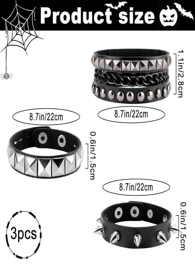 UlZDVUli Studded Bracelet, Rock Bracelets, 3 Pieces Black Rock Emo Punk Goth Leather Wristband, Gothic Rivet Cuff Wristbands Jewelry Accessories for Men Women Halloween - Image 2